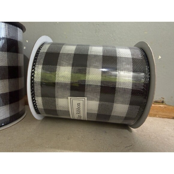 Jumbo 3 Black & White Buffalo Plaid Gingham Wired Ribbon Spool 90 Feet X 4 - Picture 6 of 9